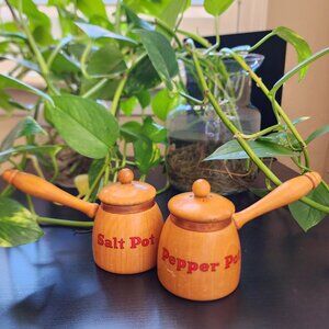 Vintage Salt Pot & Pepper Pot Handled Copper Accent MCM Wood Shakers